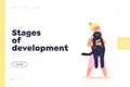 Stage of development concept of landing page with small baby girl holding kitten