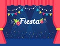 Stage with Flags and Lights Garlands and Fiesta Sign. Mexican Theme Party or Event Invitation.