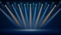 Stage, golden, blue spotlight. Backdrop, background for displaying products. Bright spotlights. Glowing light spot on scene. Royalty Free Stock Photo