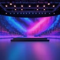 Stage with illuminated LED screen and podium under colored lights empty performance Royalty Free Stock Photo