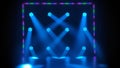 Stage light rays and smoke on empty dark concert scene. Professional lighting and light show effects on theater stage Royalty Free Stock Photo