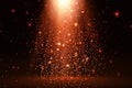 Stage light and red glitter lights effect with red rays, beams and falling glittering dust on floor. Abstract red background for Royalty Free Stock Photo