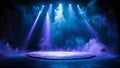 Stage light with smoke neon colors. Purple and blue. Laser neon red and blue light rays flash and glow. Festive concert