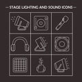 Stage lighting and sound equipment icon set