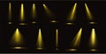 Stage lights, yellow beams with gold sparkles set Royalty Free Stock Photo