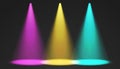 Stage limelight. Yellow, pink, blue cone lights from top with darkened edges.