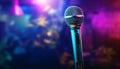 Stage performance with microphone, spotlight, and audience singing generated by AI Royalty Free Stock Photo