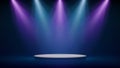 Stage, pink blue purple spotlights, podium. Background, backdrop for displaying products. Blue-pink stage spotlight on dark Royalty Free Stock Photo