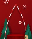 Stage podium decor with Christmas festive elements, red background for product show.