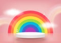 Stage podium decor with rainbows shaped, clouds, bubbles. 3d pedestal summer scene or platform for product display on pink.