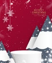 Stage podium decorated with Christmas tree, snowfall, snowflakes, star. Pedestal scene with for product, advertising, show, award. Royalty Free Stock Photo