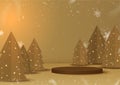 Stage podium decorated with Christmas trees, snowflakes, stars snowfall.Pedestal scene with for product, advertising, show, award.