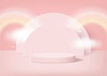 Stage podium decorated with rainbows, clouds, bubbles. 3d pedestal summer scene or platform for product display on light pink.
