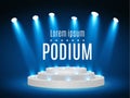 Stage podium with lighting, Stage Podium Scene with for Award Ceremony on blue Background, Vector illustration. Royalty Free Stock Photo