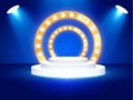 Stage podium with lighting, Stage Podium Scene with for Award Ceremony on blue Background, Vector illustration. Royalty Free Stock Photo