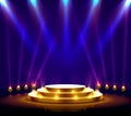 Stage podium with lighting, Stage Podium Scene with for Award Ceremony on blue Background. Royalty Free Stock Photo