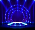 Stage podium with lighting, Stage Podium Scene with for Award Ceremony on blue Background. Royalty Free Stock Photo