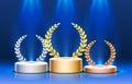 Stage podium with lighting, Stage Podium Scene with for Award Ceremony on blue Background. Royalty Free Stock Photo