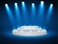 Stage podium with lighting, Stage Podium Scene with for Award Ceremony on blue Background, Vector illustration. Royalty Free Stock Photo