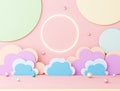 stage podium party kid cute theme. sun neon light colorful cloud sky and star backdrop with sphere balls on pink floor playground. Royalty Free Stock Photo