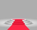 Stage podium. Red carpet and podium. Festive event. Stage for winners and award ceremony. Round pedestal with stairs Royalty Free Stock Photo