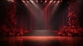 Stage podium with red flowers, illuminated by spotlights