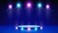 Stage, podium, spotlight. Blue pink purple background, backdrop for displaying products. Shining stage light with ramp Royalty Free Stock Photo