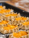 Stage of preparation of Karelian pies. Pies are located on a baking sheet, ready for baking. Dish of national cuisine - piirakka.