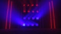 Stage red and blue lights shine on a dark disco. Beams of spotlights and spot lights illuminating an empty smoky stage Royalty Free Stock Photo