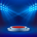 Stage with red carpet and spotlight on blue background. Concert arena or scene. Empty podium. Vector illustration Royalty Free Stock Photo