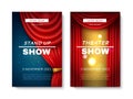 Stage red curtain show. Comedy and theatre cards playbills with realistic veils frames, vector set of art performance elegant