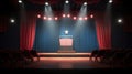 A stage with red curtains and a podium with a star on it. Generative AI image. Royalty Free Stock Photo