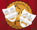 Commemorative Button with Masks over Stage Curtains for Theatre Day, Vector Illustration