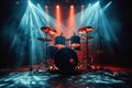 Stage rhythm Drum set illuminated in the spotlights rays for live music Royalty Free Stock Photo