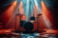Stage rhythm Drum set illuminated in the spotlights rays for live music Royalty Free Stock Photo