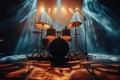 Stage rhythm Drum set illuminated in the spotlights rays for live music Royalty Free Stock Photo