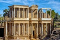 Stage of the Roman Theater of Merida with Greek and Roman marble columns, lighting spotlights on scaffolding Royalty Free Stock Photo