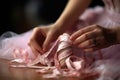 stage of sewing ribbons onto ballet pointe shoes