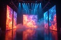 Stage show with large LED projection screens displaying colorful abstract visuals. Lights and smoke create a dramatic atmosphere Royalty Free Stock Photo