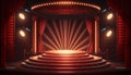 Stage for a show or TV entertainment with microphone, stairs, red curtains, spotlights, illumination and decor. Generative ai