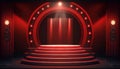 Stage for a show or TV entertainment with microphone, stairs, red curtains, spotlights, illumination and decor. Generative ai