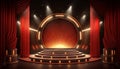 Stage for a show or TV entertainment with microphone, stairs, red curtains, spotlights, illumination and decor. Generative ai Royalty Free Stock Photo