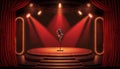 Stage for a show or TV entertainment with microphone, stairs, red curtains, spotlights, illumination and decor. Generative ai Royalty Free Stock Photo