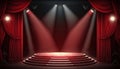 Stage for a show or TV entertainment with microphone, stairs, red curtains, spotlights, illumination and decor. Generative ai