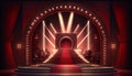 Stage for a show or TV entertainment with microphone, stairs, red curtains, spotlights, illumination and decor. Generative ai