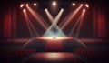 Stage for a show or TV entertainment with microphone, stairs, red curtains, spotlights, illumination and decor. Generative ai