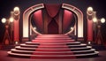 Stage for a show or TV entertainment with microphone, stairs, red curtains, spotlights, illumination and decor. Generative ai