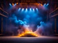 Stage and smoke night lightning in fog searchlight beams, generative AI Royalty Free Stock Photo