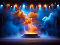 Stage and smoke night lightning in fog searchlight beams, generative AI Royalty Free Stock Photo