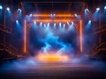 Stage and smoke night lightning in fog searchlight beams, generative AI Royalty Free Stock Photo